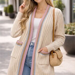 Long Ribbed Open-Front Cardigan in Cream with Pastel Trim